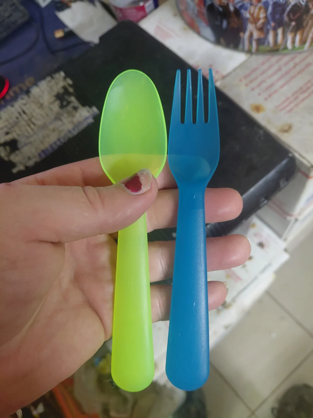 Reusable Blue & Lime Plastic Fork and Spoon Set - Unbranded